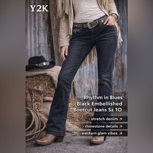 Y2K Rhythm in Blues Black Embellished Bootcut Jeans Size 10 Bling Pocket Stretch